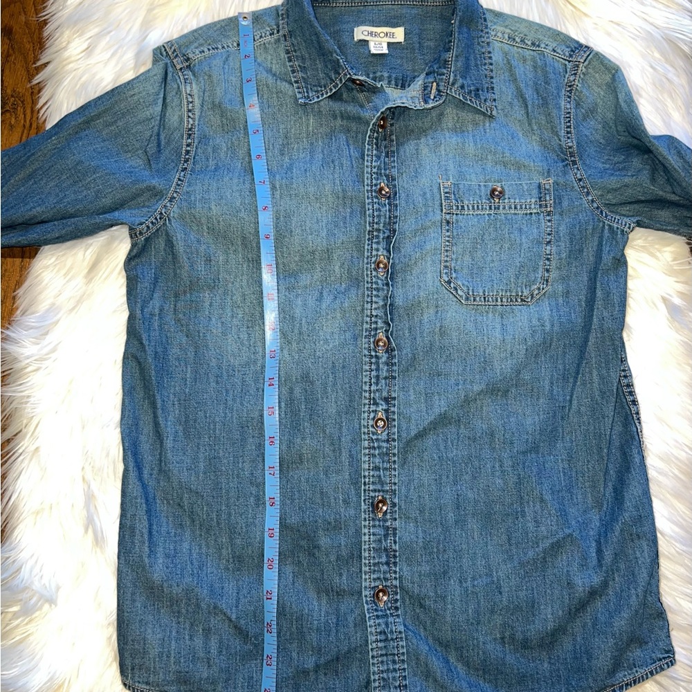 Cherokee Girls 12/14 Long Sleeve Blue Denim Cotton Button Down Shirt - Picture 6 of 7